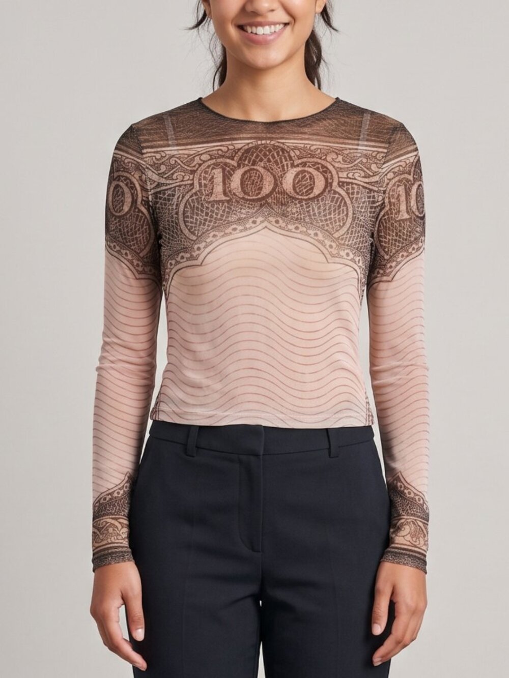 NWOT Vintage Money Banknote Graphic Print Sheer Mesh Long Sleeve Top XS